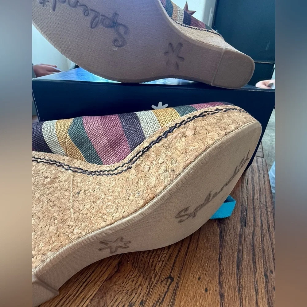 Splendid Layla Wedge Shoes striped Brown multi color cork wedge peep toe
